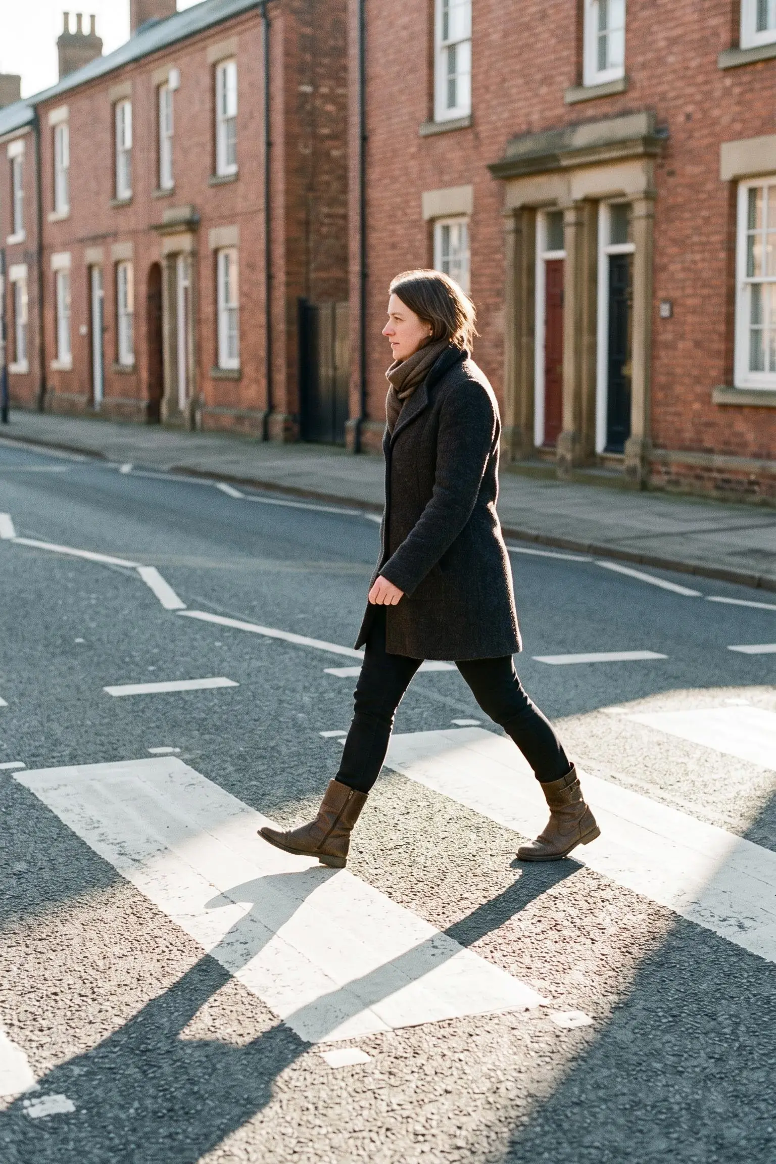 A woman striding across a zebra crossing in low winter sun, seen in profile