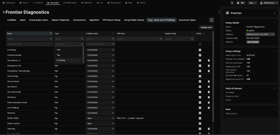The image shows a complex dashboard interface for Frontier Diagnostics, featuring various sections such as exams, patients, radiologists, and task management, with fields for confidentiality settings and other specifics.

AI-generated content may be incorrect.