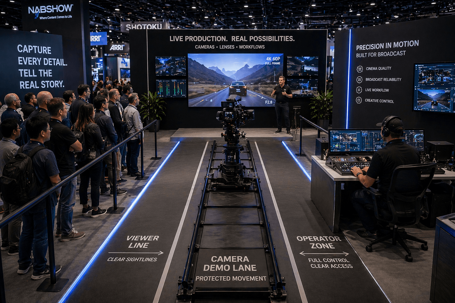 NAB booth camera demo lane with a protected movement path, operator zone, viewer line, and large presentation screen in Las Vegas