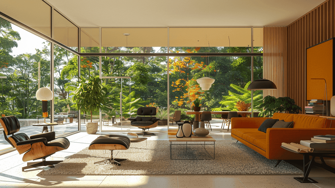 Retro-modern living room with orange sofa, Eames lounge chair, and wall of glass overlooking lush garden