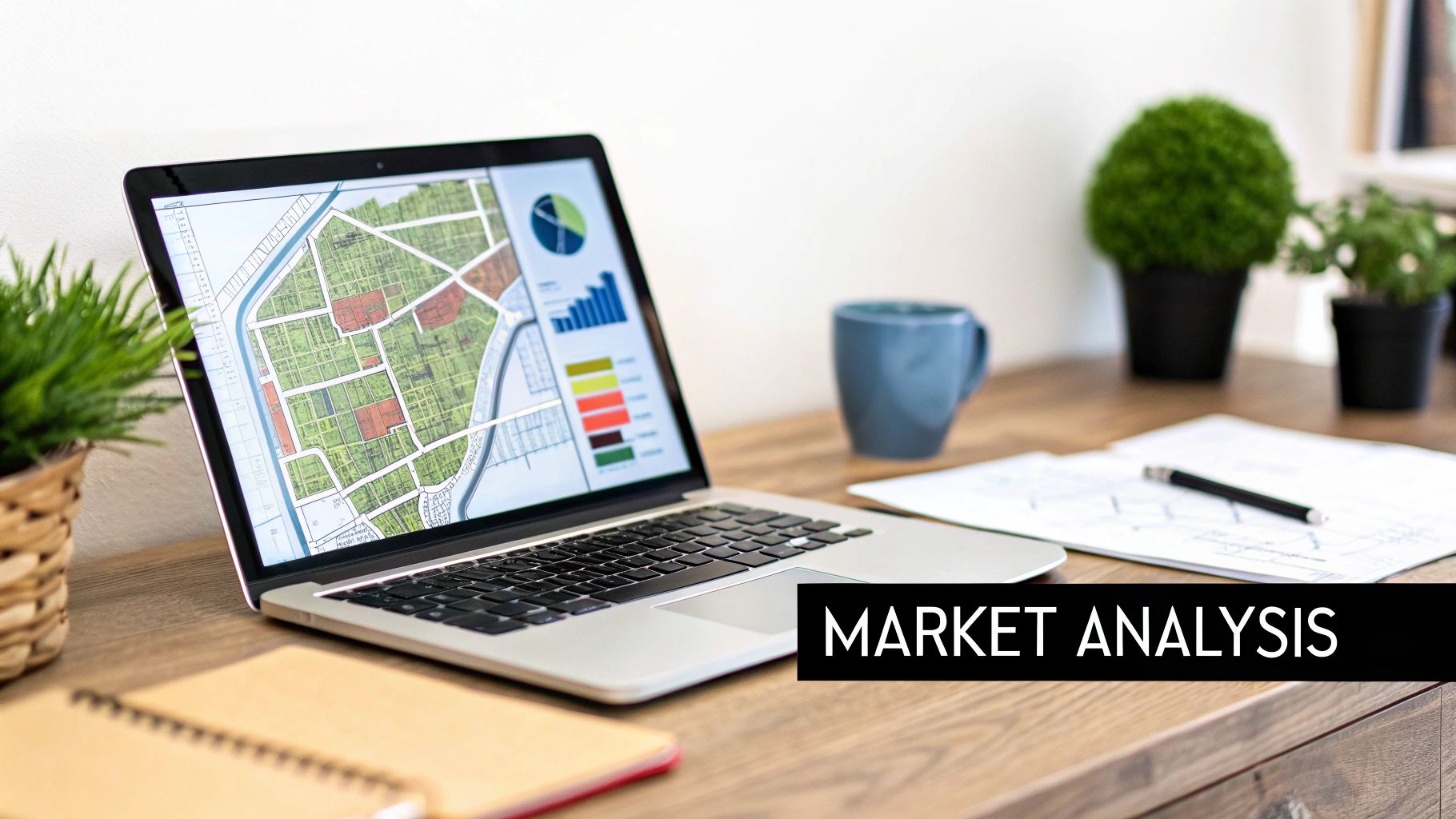 A laptop on a wooden desk displays a map and charts for market analysis, with plants and a coffee mug.
