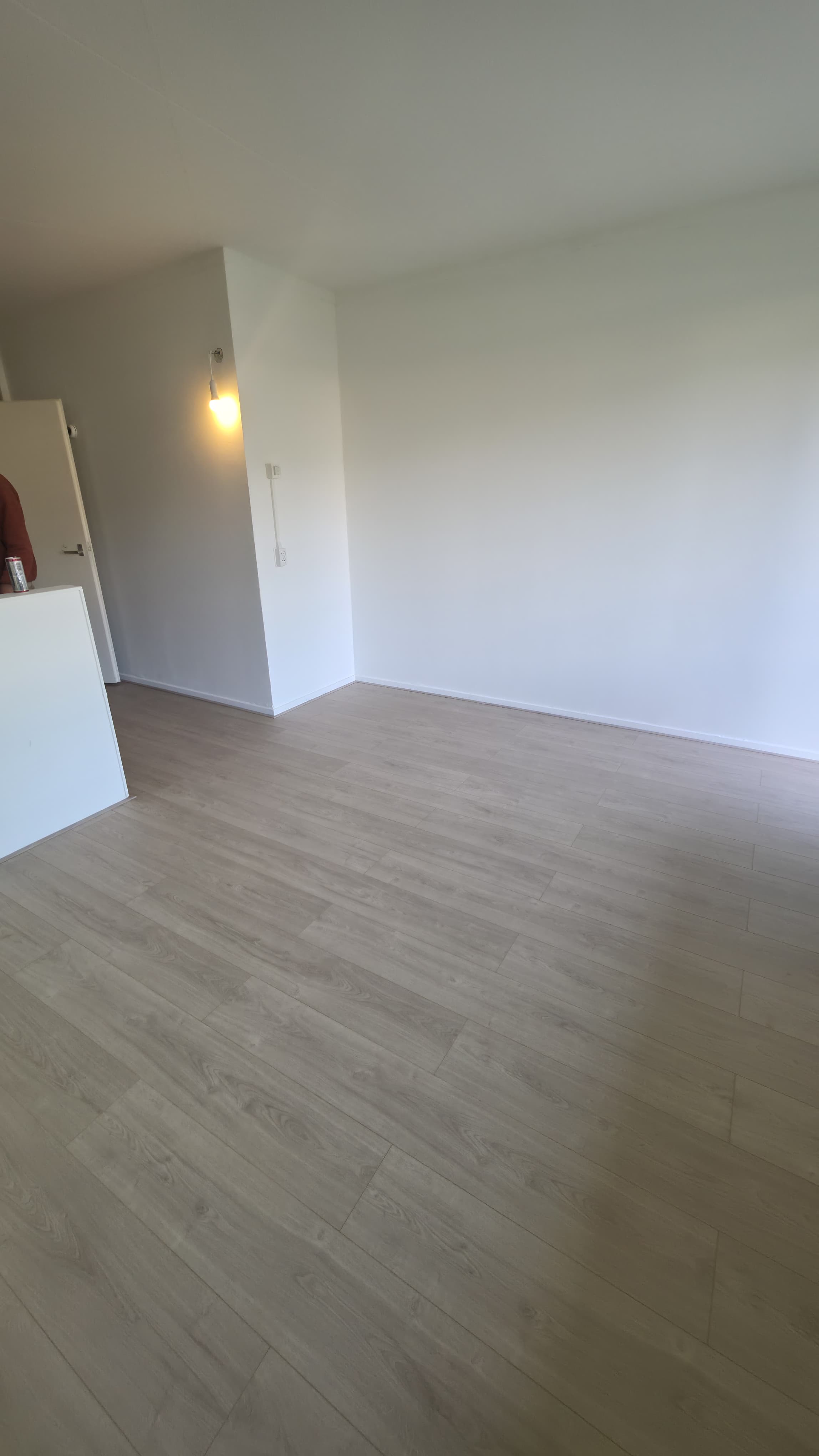 Lichte houtlook PVC-vloer stroken in een lege, modern afgewerkte woonkamer.