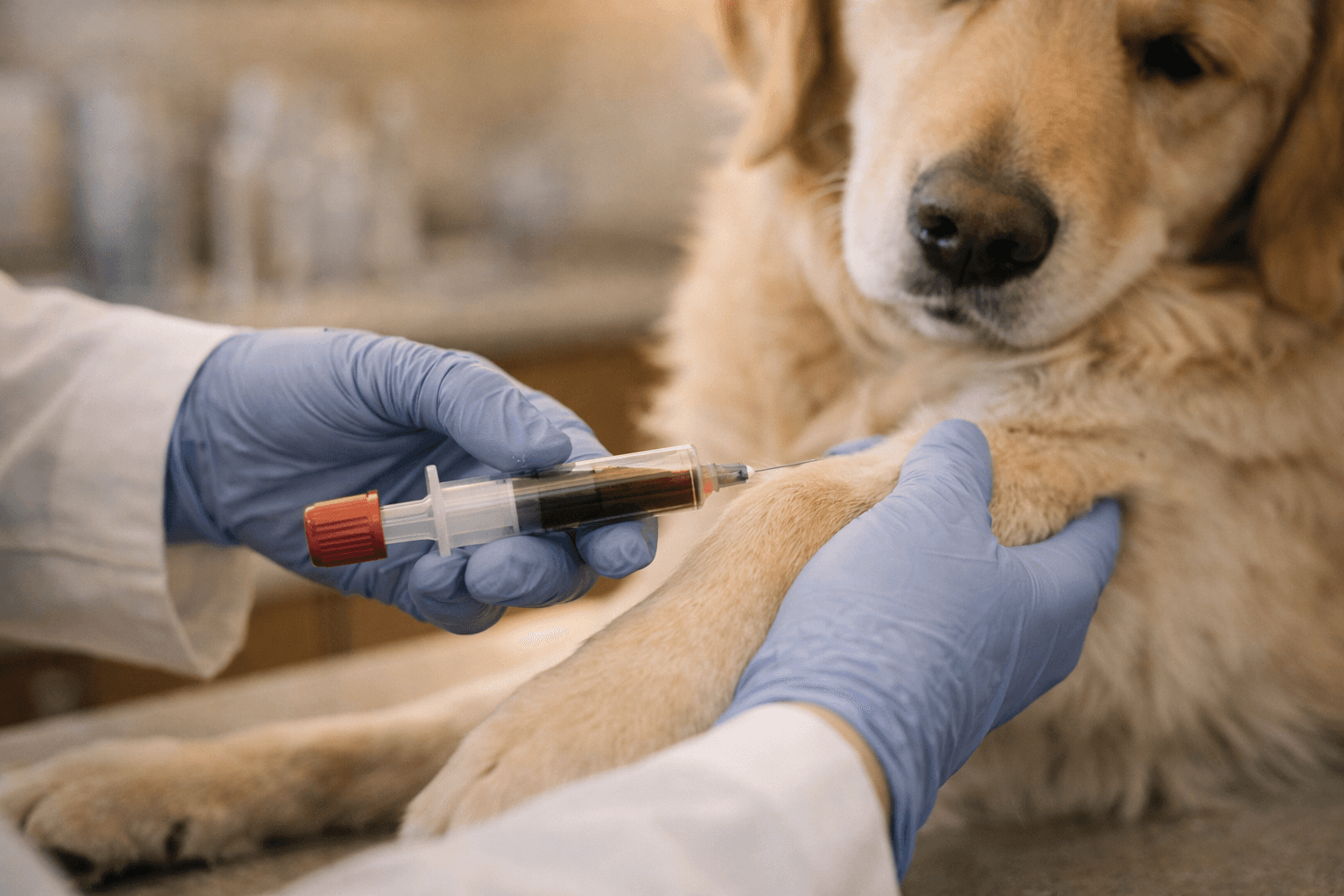 Veterinário coletando amostra de sangue da pata de cão golden retriever para exame hormonal
