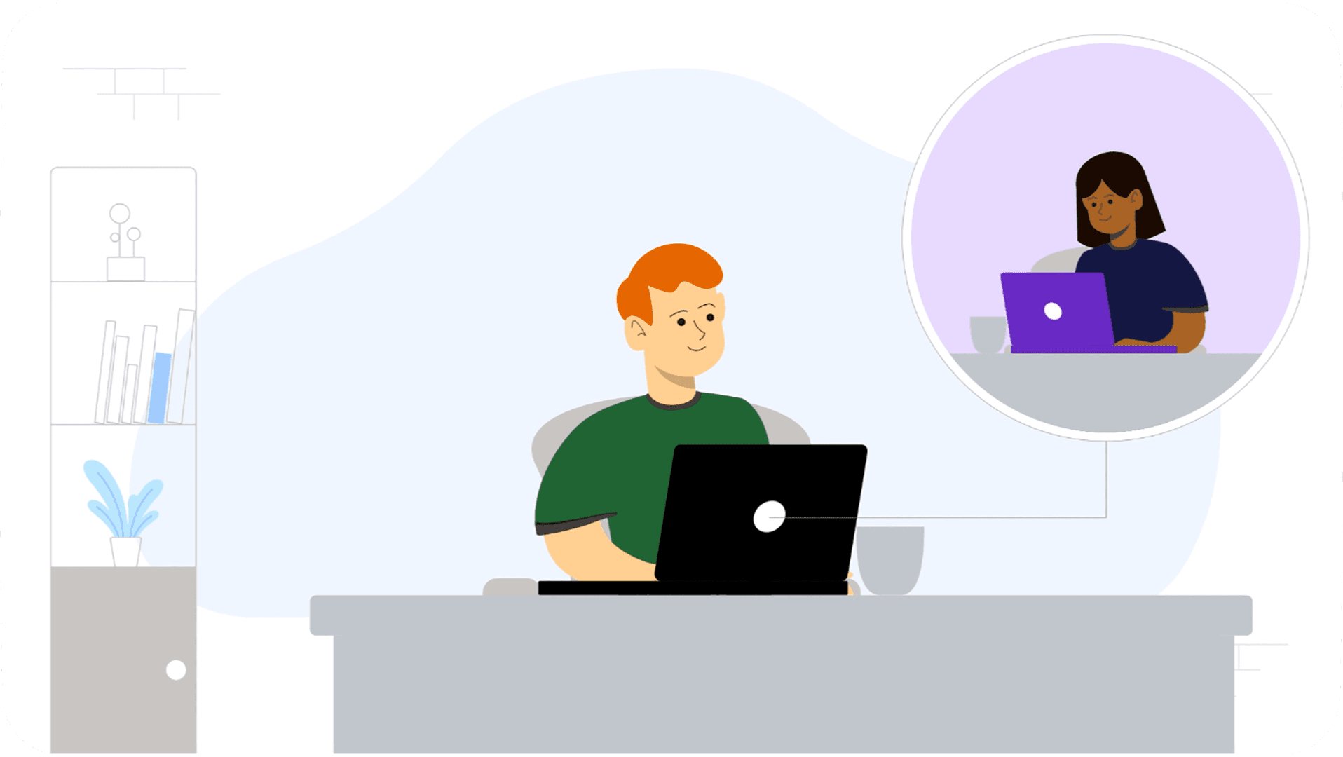 Illustration of a person working on a laptop at a desk while connected to another person on a video call, representing remote collaboration or virtual communication.