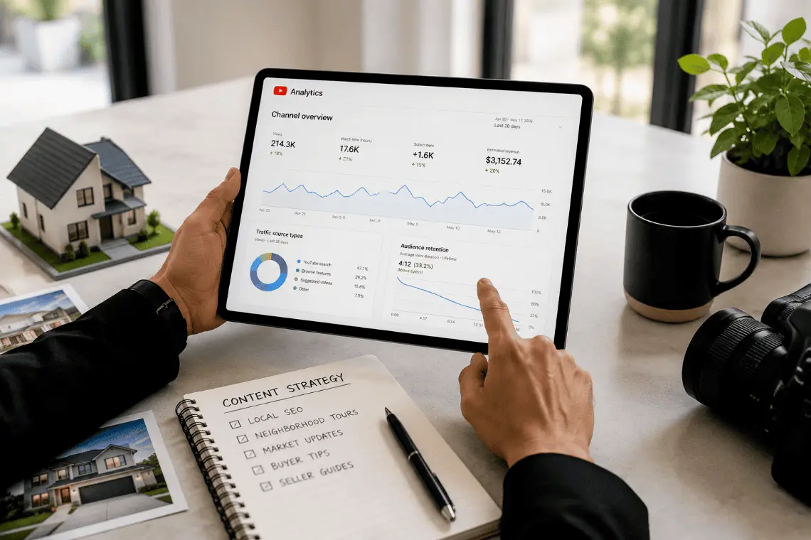 A real estate agent analyzing YouTube retention graphs and video metrics on a desktop screen.