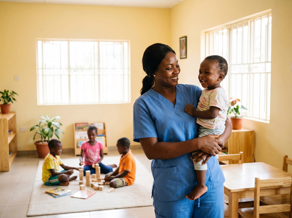 A caregiver holding a baby while children play in a bright care home