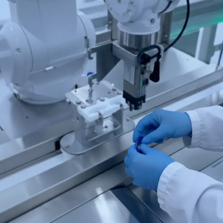 Close-up of a specialist's hands in blue cleanroom gloves performing a hands-on technical task with a component directly at a robotic pharmaceutical machine.