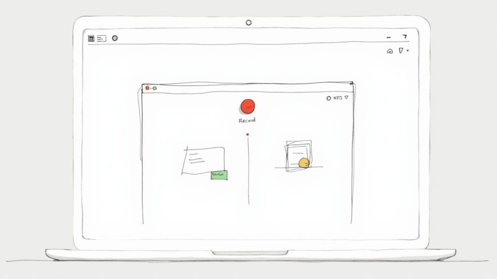 Hand-drawn laptop displaying a recording interface with a prominent red record button.