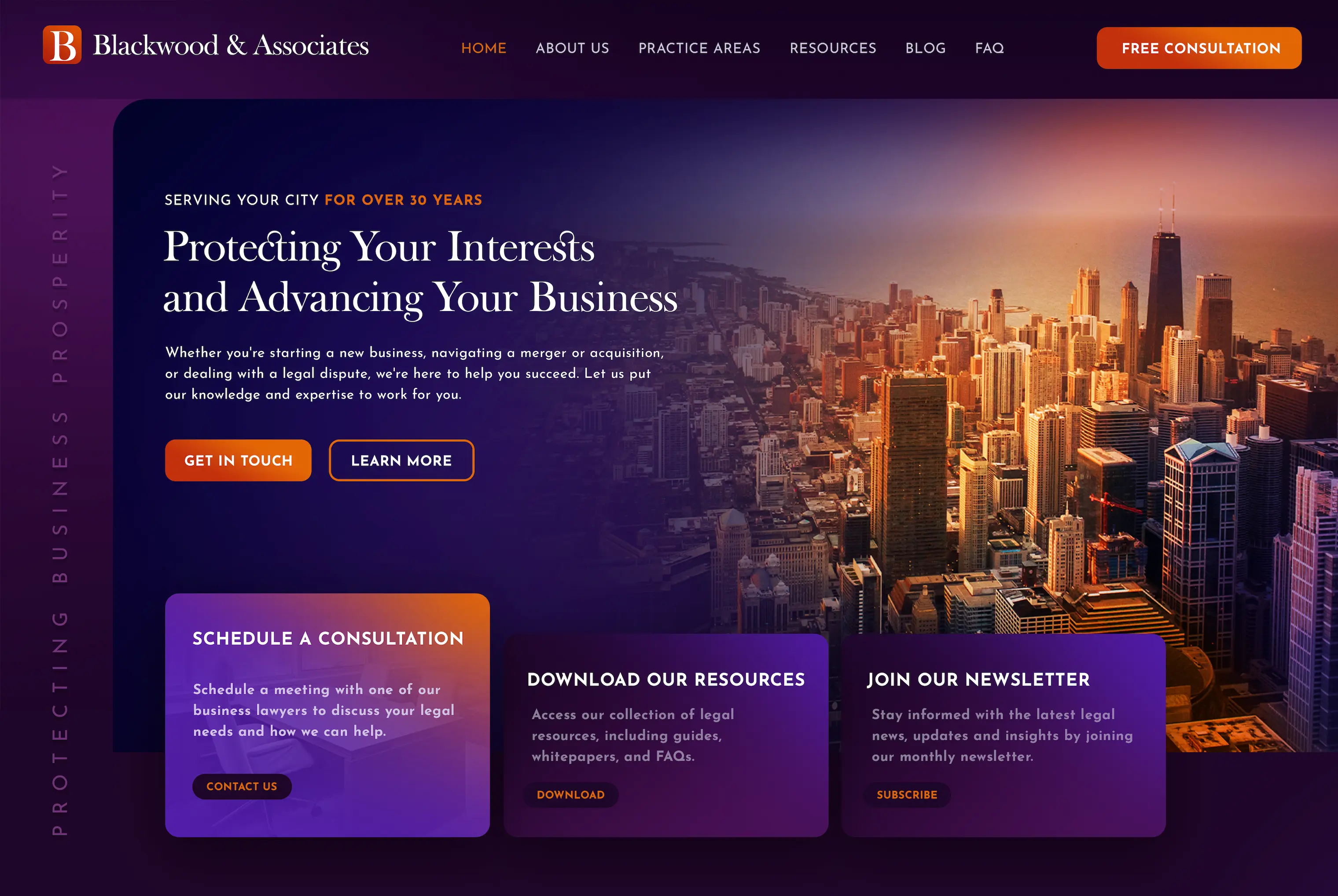 Website design for Blackwood & Associates — dark legal services site with city skyline photography, bold serif typography, and orange accent colors