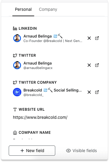 Social Selling Software Fields | Breakcold