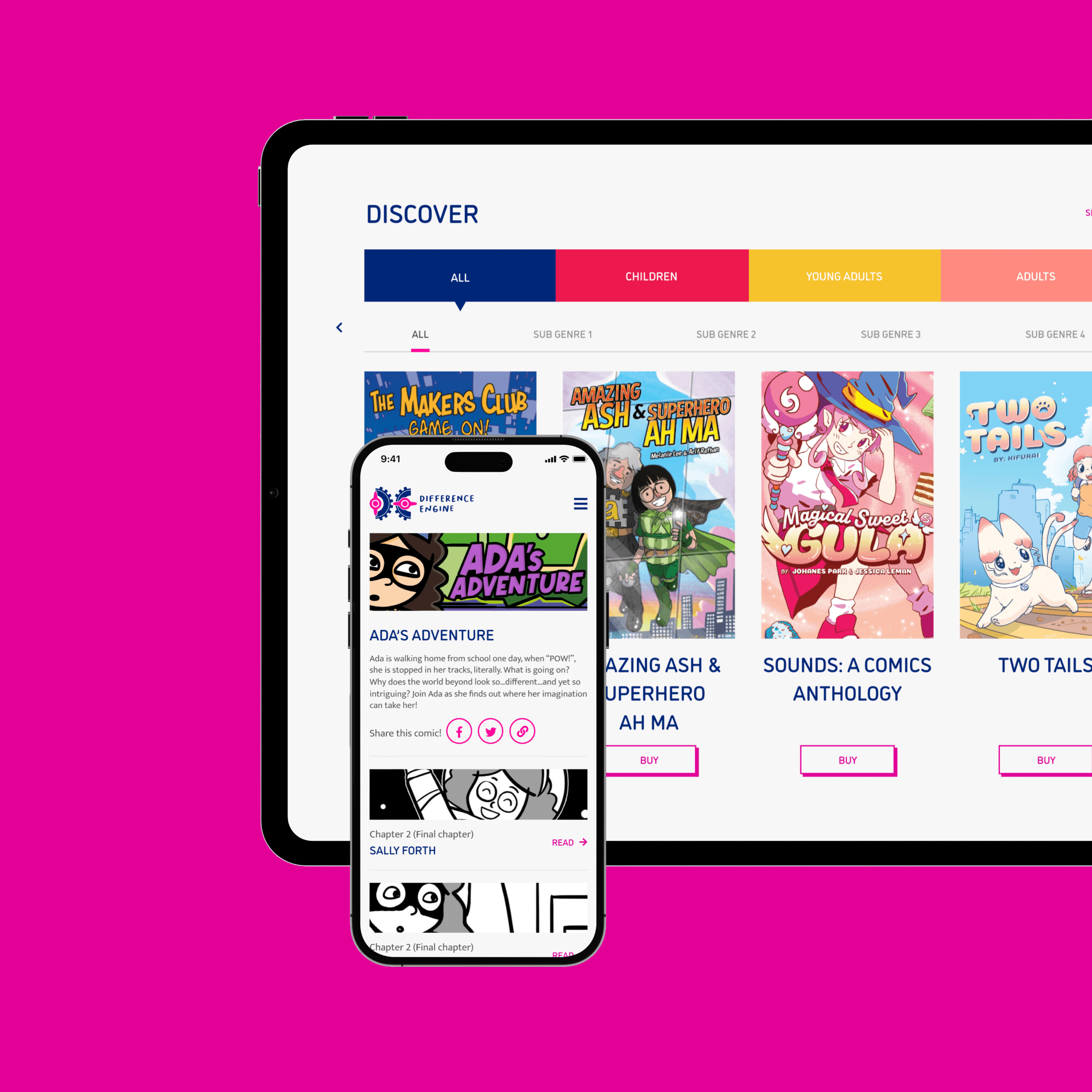 A tablet and phone screen displaying Difference Engine's Comics section, where users can purchase physical comics or read online comics