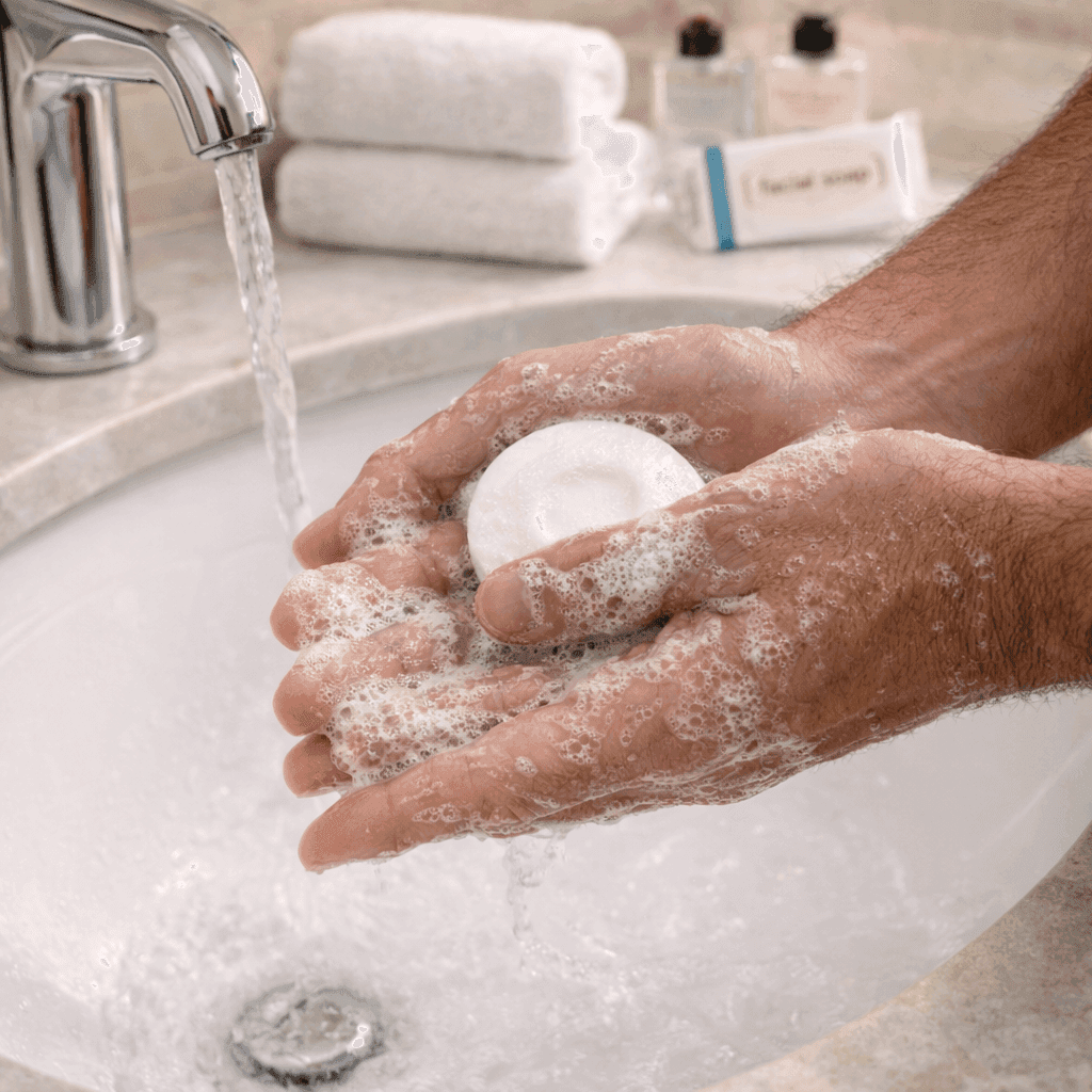 Fresh Choice bar soap by Transmacro Amenities being used for handwashing under running water in a hotel bathroom sink