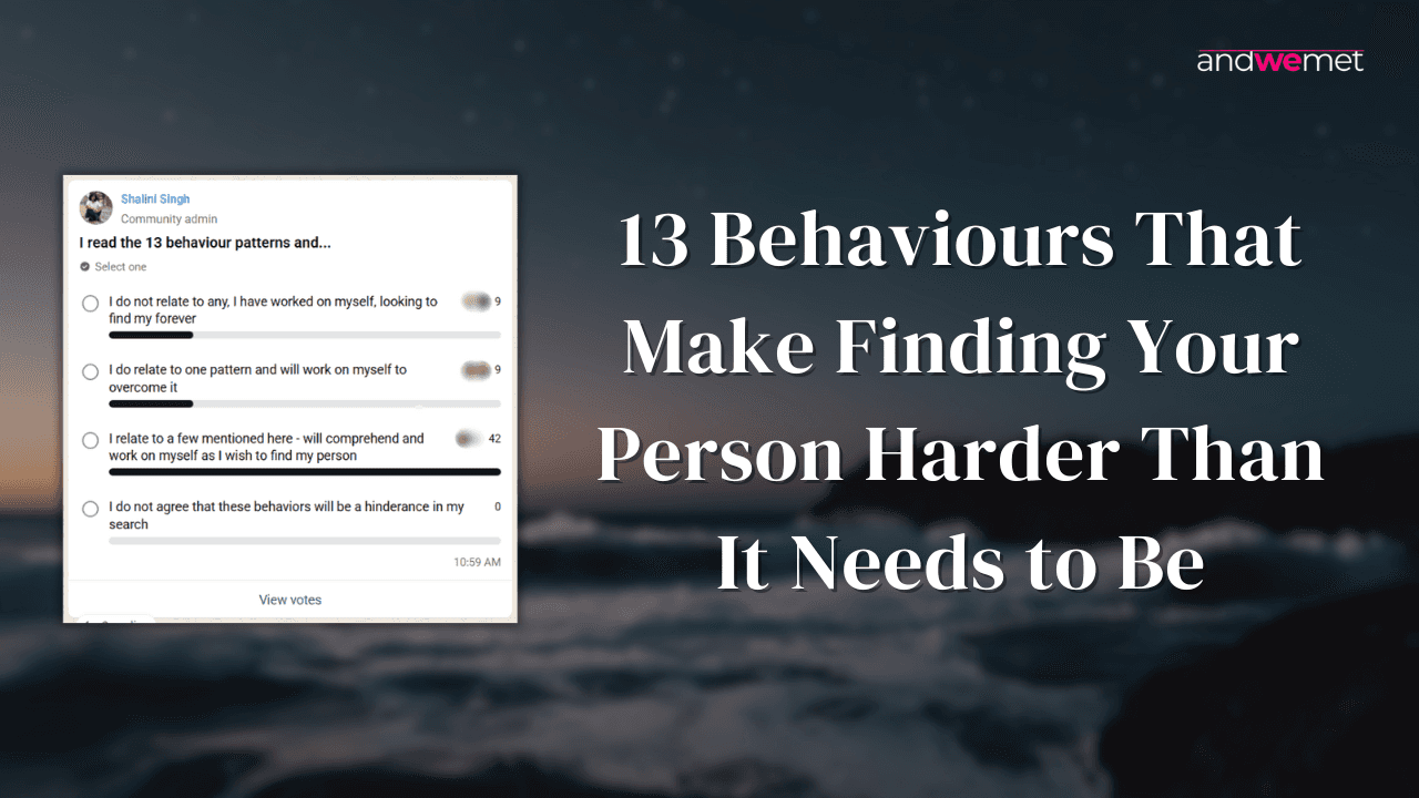 A happy couple in a park with a poll about relationship behaviour patterns, representing the 13 common dating habits that make finding your person feel difficult.