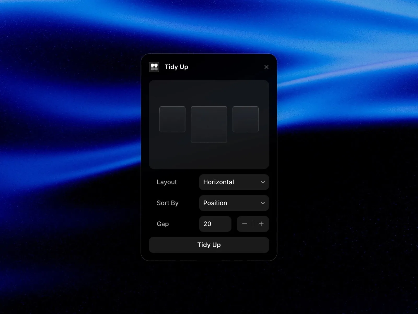 App interface overlay on a blue abstract background.