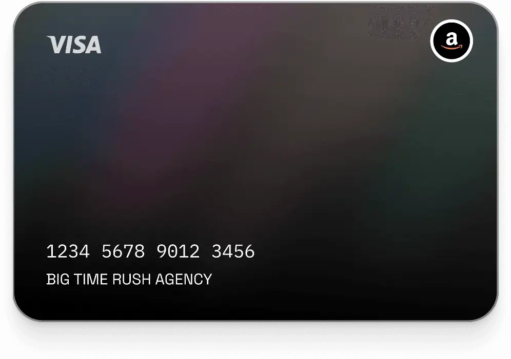 Amazon branded Visa credit card with dark gradient background displaying card number and cardholder name.