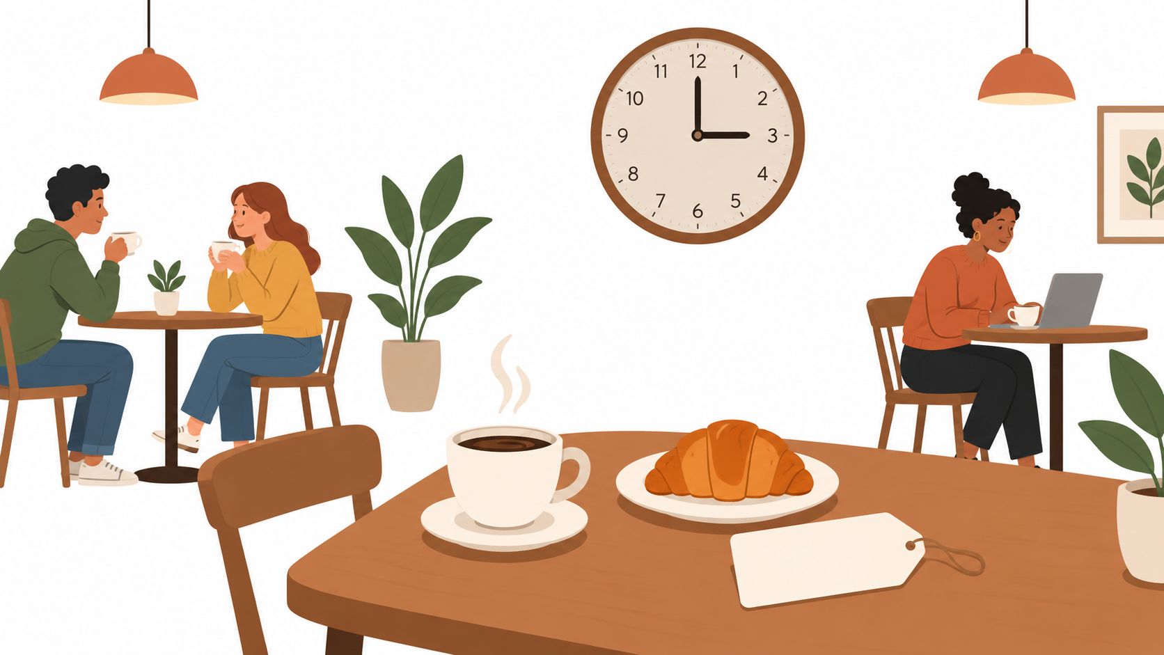 Personas sentadas en mesas de una cafetería acogedora tomando café y trabajando con un ordenador portátil.