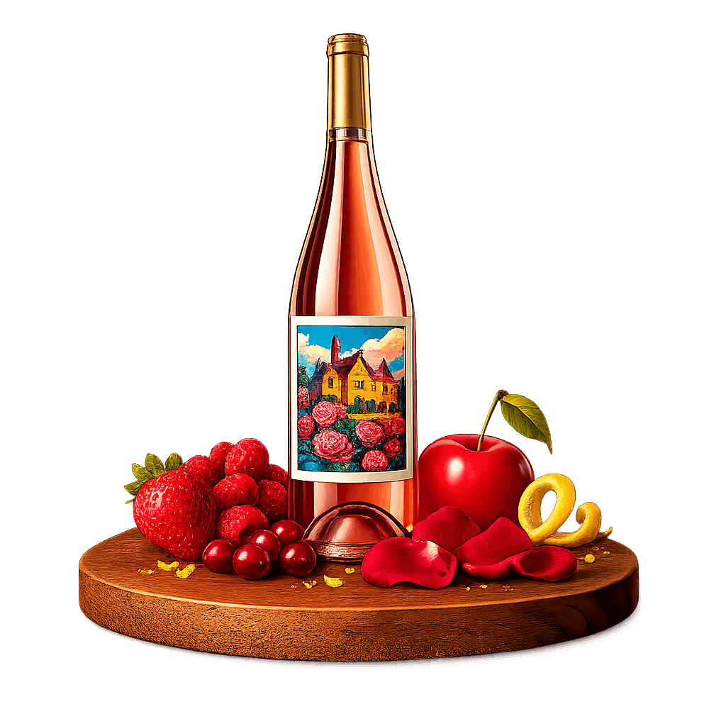 Artistic label and flavor profile for English Rosé on a rustic wooden table.
