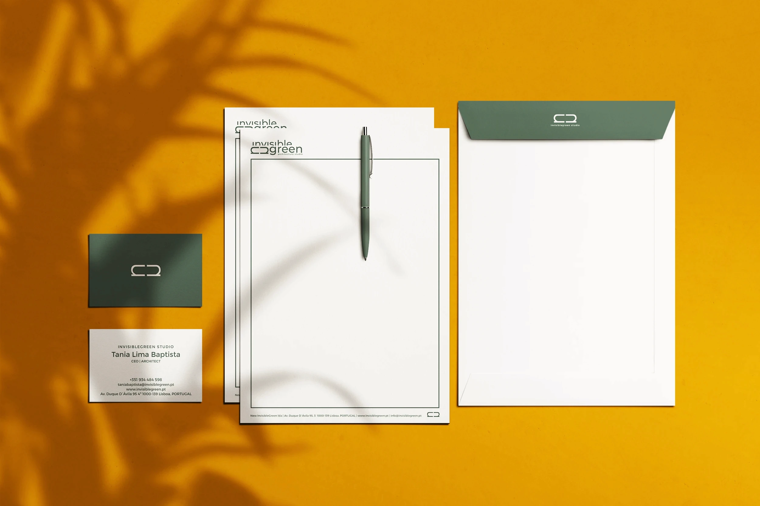 Minimalist architecture studio branding design featuring business cards, letterhead and envelope for Invisible Green Studio with clean typography and modern stationery layout