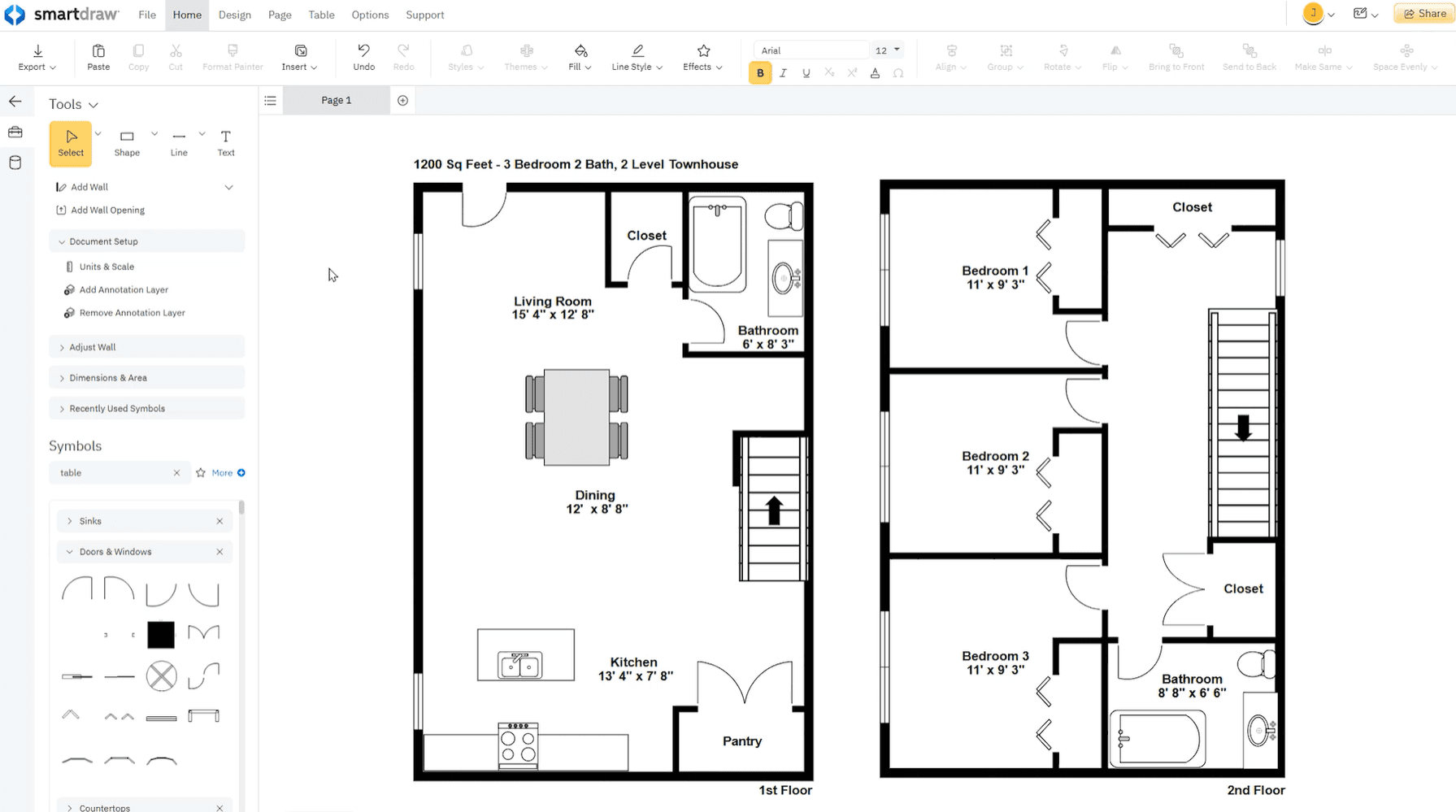 SmartDraw interface showing a detailed two-level townhouse floor plan created with precise shapes and measurements