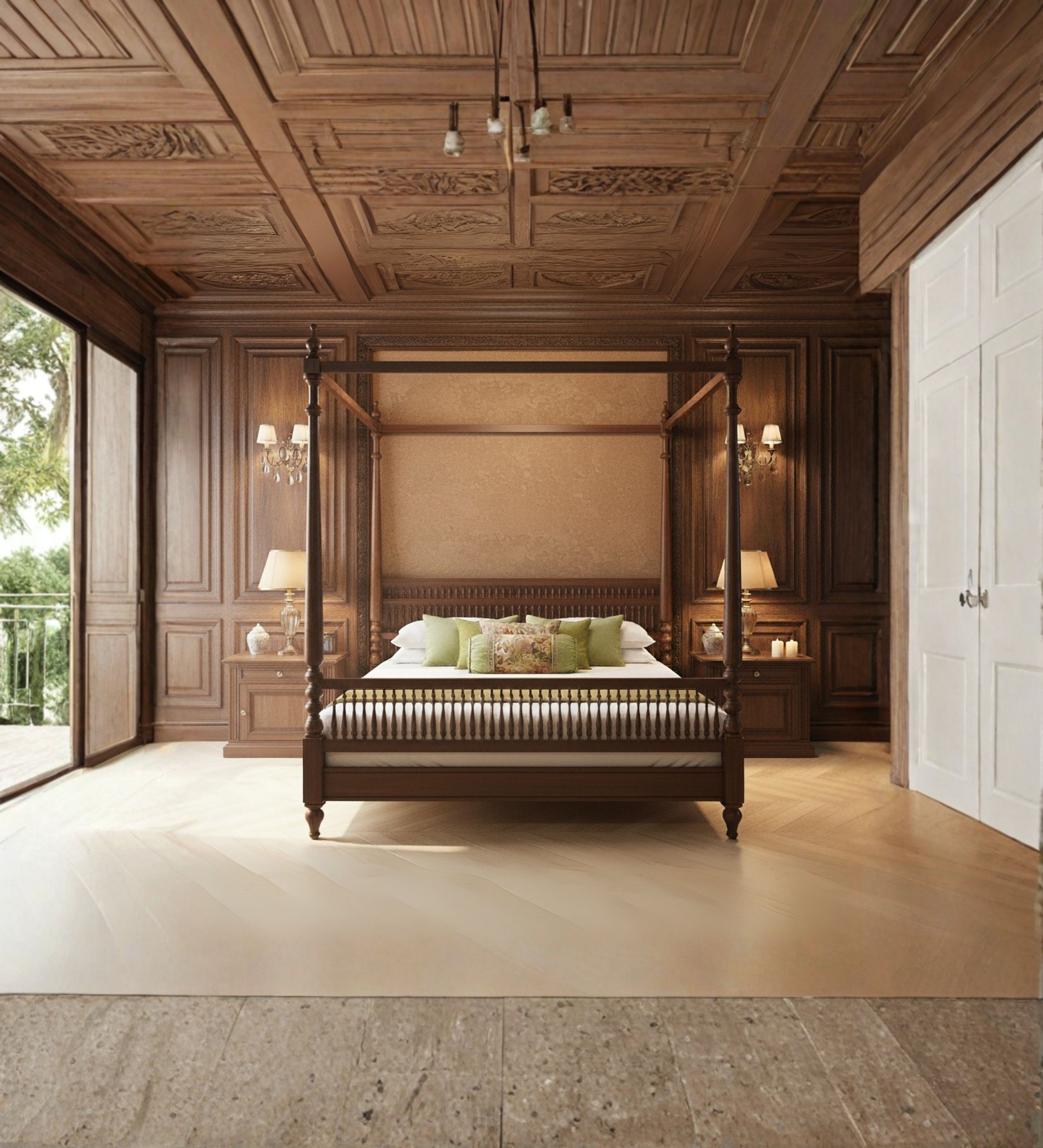 Ornate four‑poster bed with carved canopy structure and paneled base