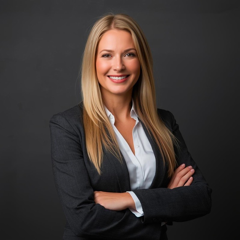 Blonde woman wearing business attire.
