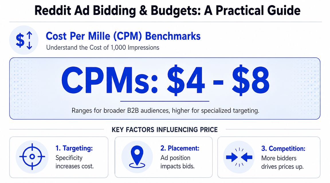 An infographic titled Reddit Ad Bidding and Budgets showing CPM benchmarks ranging from four to eight dollars.