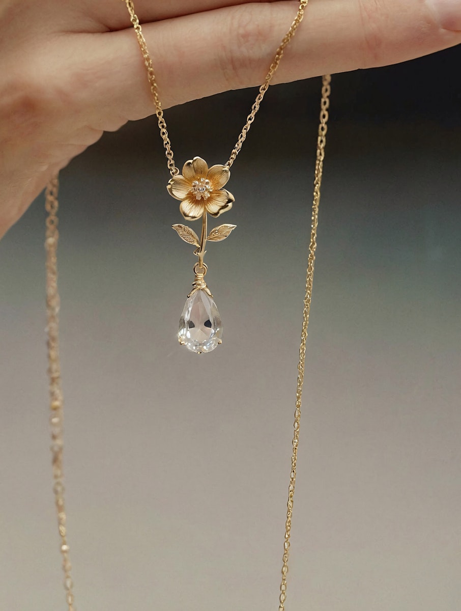 Elegant gold necklace with a floral pendant and teardrop crystal, held by a hand against a softly blurred background.