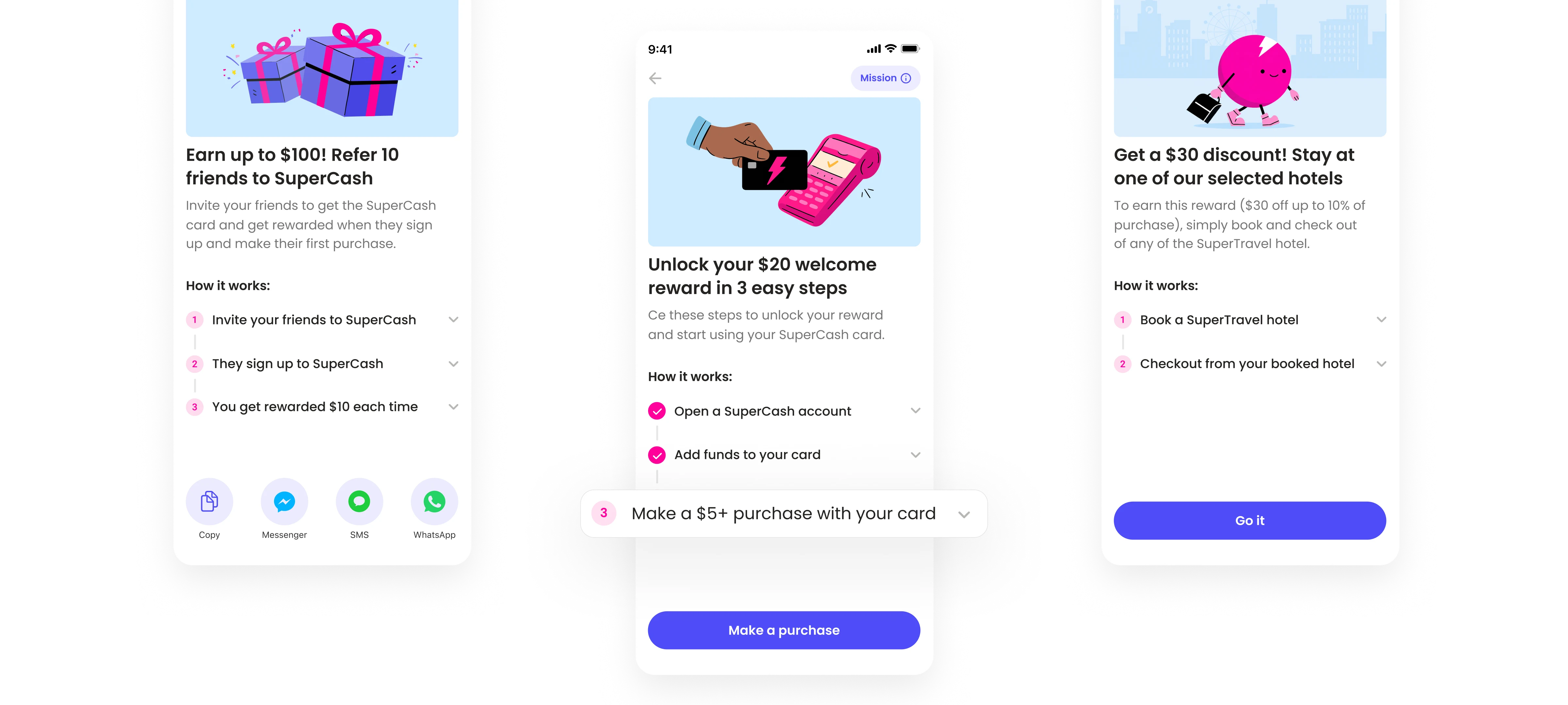 UI mockup of Super.com’s Missions showing three task-based rewards — refer friends, make purchases, and book hotels — illustrating the scalable design of the new mission-based rewards system.