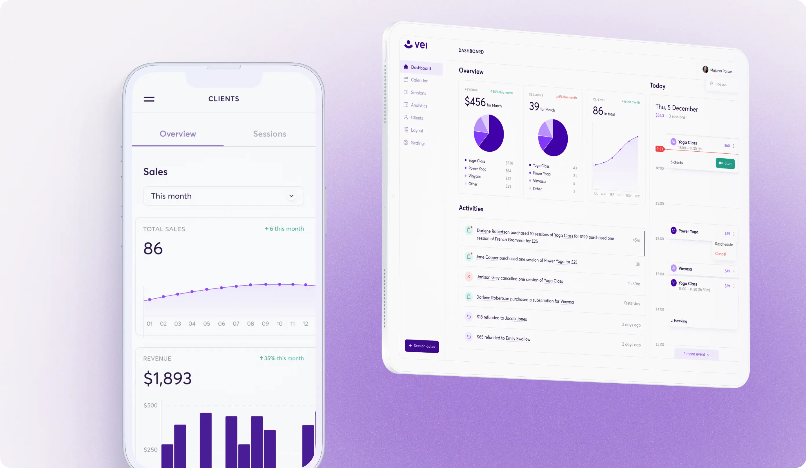 A dashboard view showcasing the analytics for a client's business. On the left, a mobile view displays sales and revenue statistics for the month, with total sales at 86 and revenue of $1,893, represented through line and bar graphs. On the right, a tablet or desktop view shows a more detailed overview, including a pie chart breaking down revenue sources, client statistics, session performances, and a list of recent activities. The design is clean and uses shades of purple for visual elements.