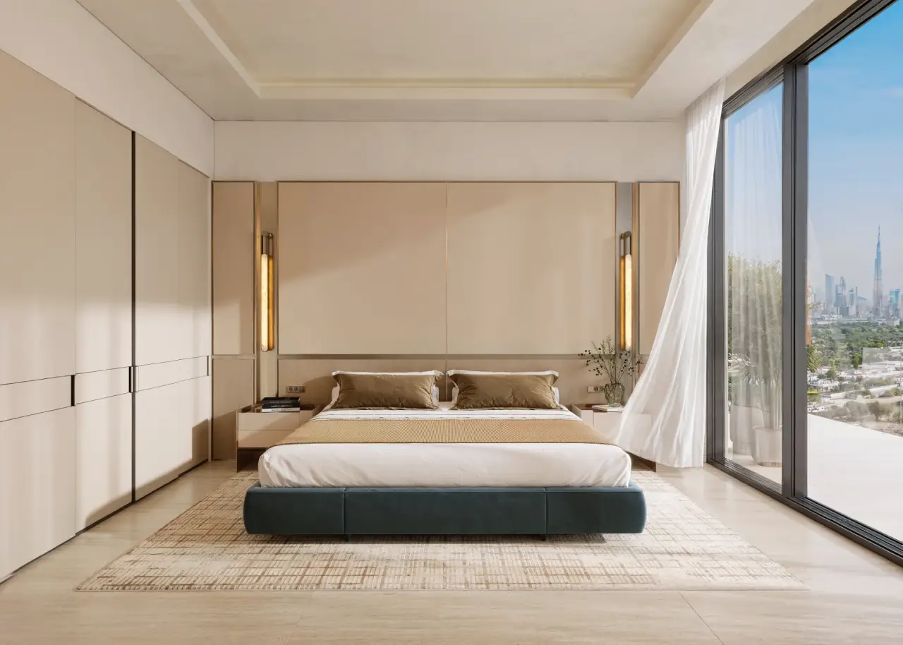 Spacious modern bedroom at Binghatti Wraith with panoramic city views through large glass doors.