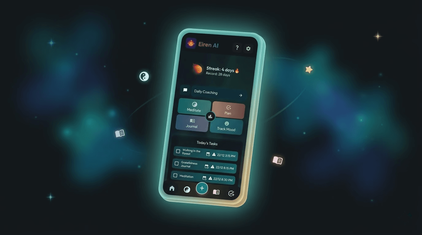 Eiren AI all-in-one personal growth app home screen showing daily streak tracker, Daily Coaching, Meditate, Plan, Journal and Track Mood features with today's tasks on dark background with floating mindfulness icons