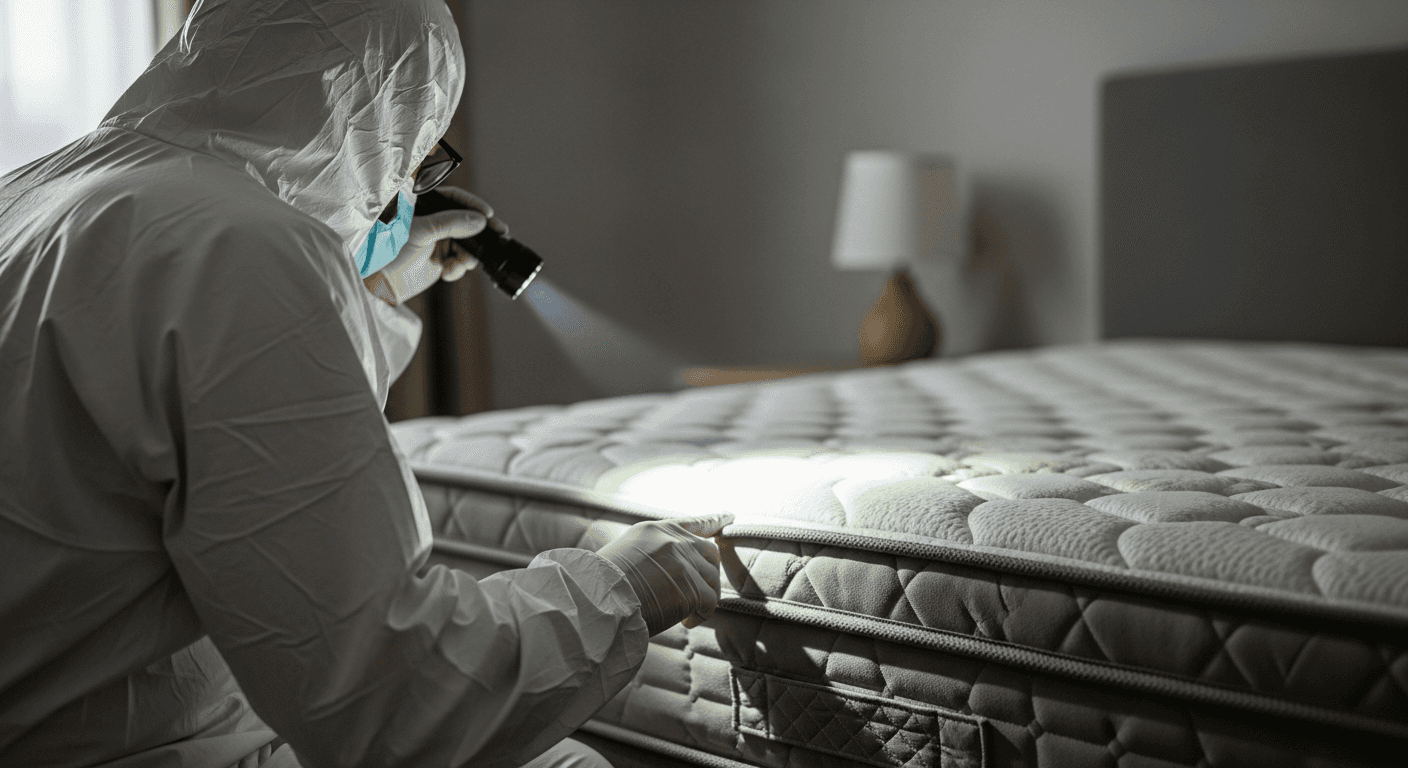 Technician in full protective gear performing insecticide spray treatment inside a facility