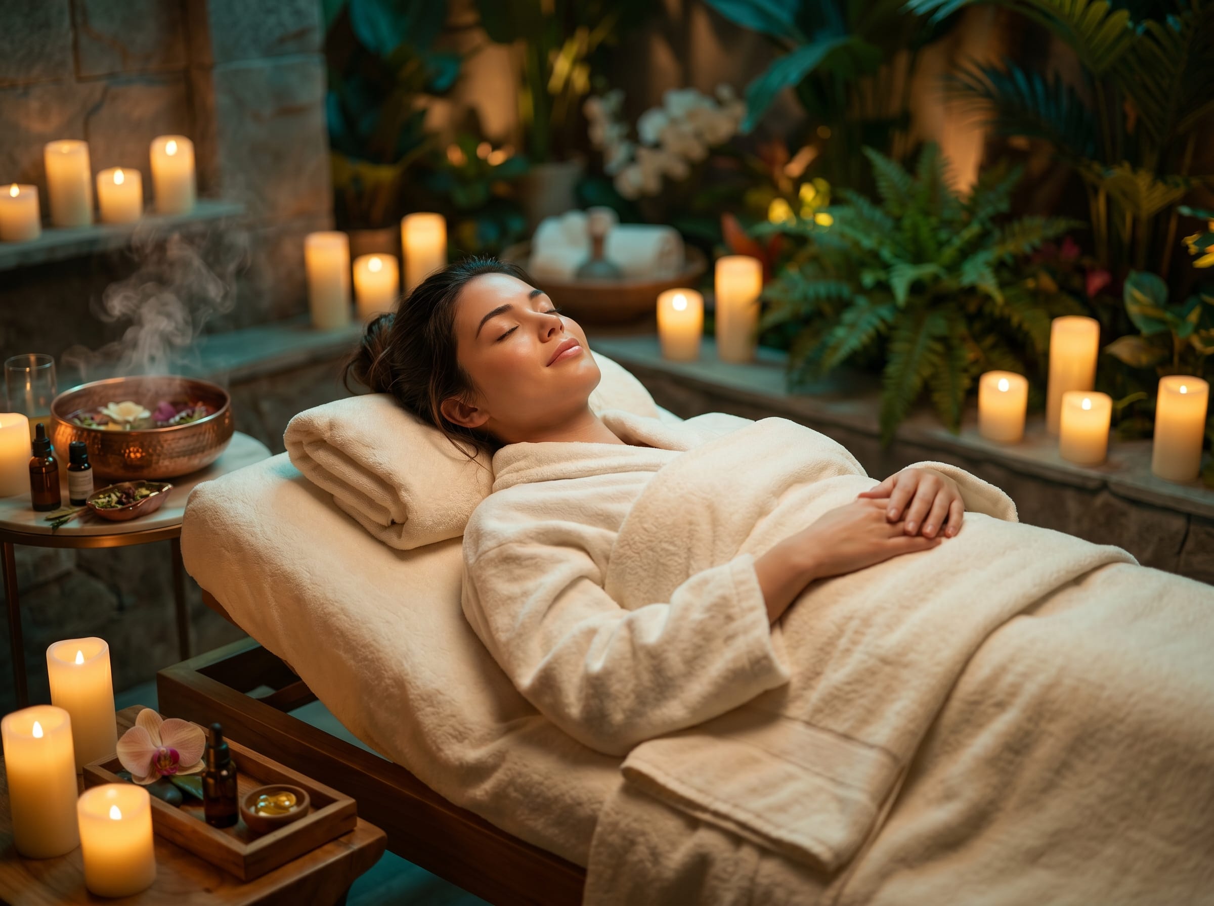 Woman resting on spa bed surrounded by candles and calming aromatherapy
