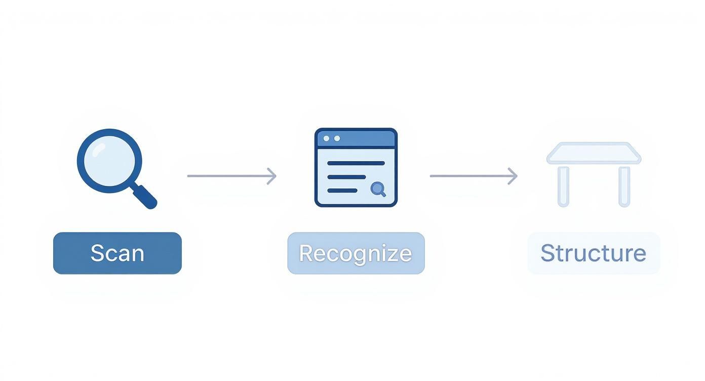 A flowchart showing three steps for data processing: Scan, Recognize, and Structure, with icons.