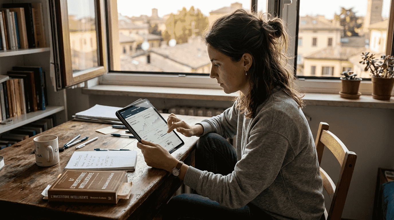 Un giovane investitore valuta le sue scelte comodamente da casa.