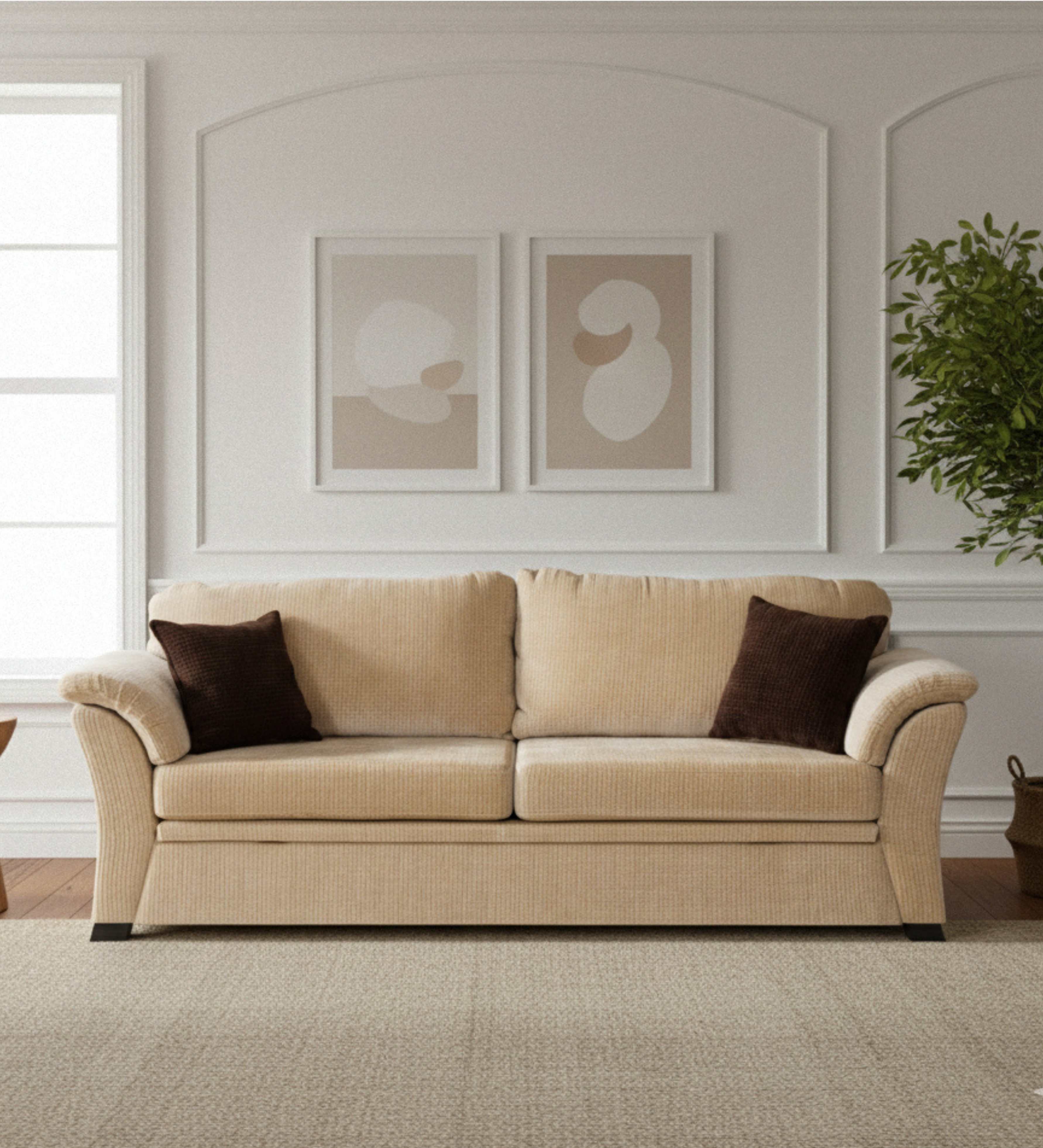 Beige 3-seater with rolled arms and contrast cushions.