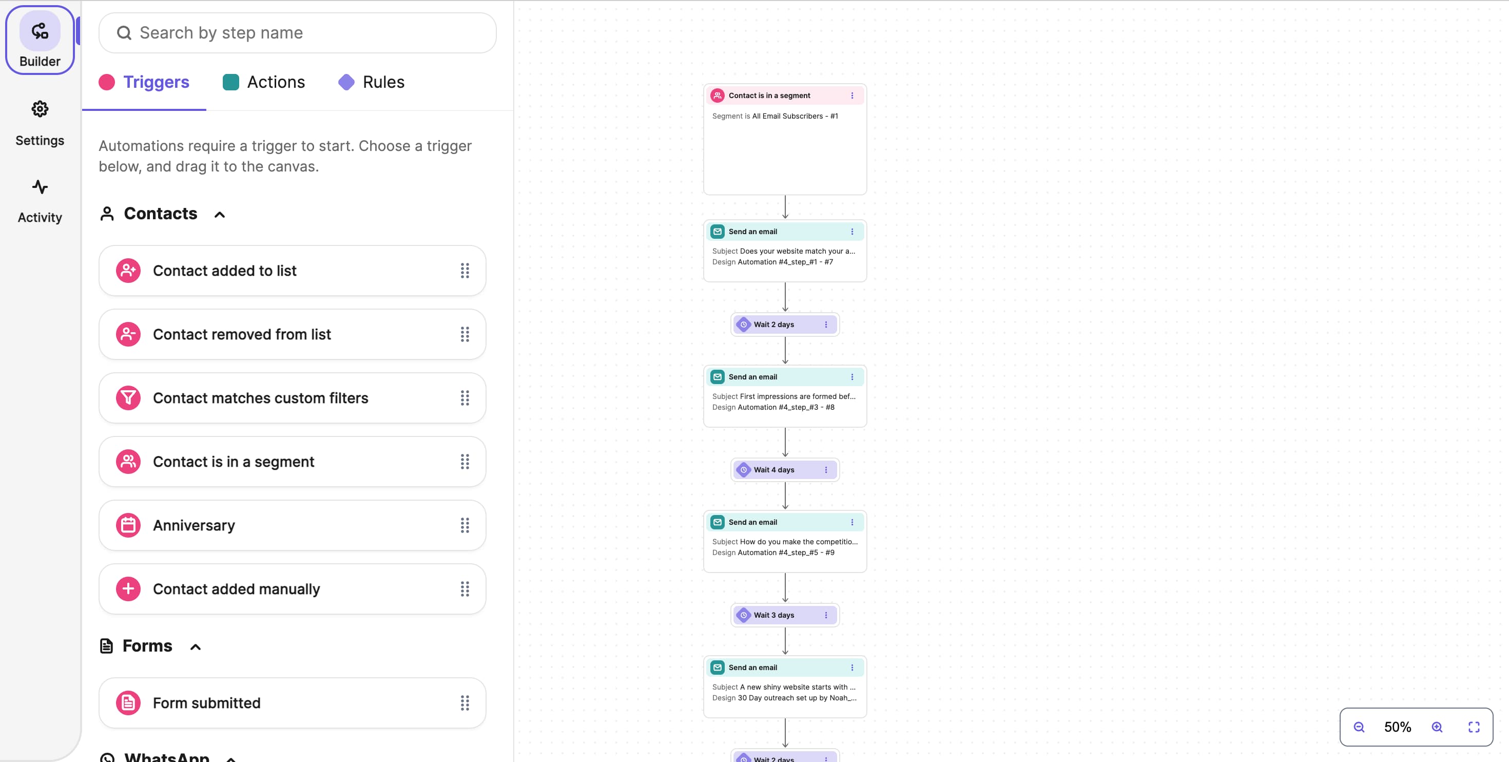 Brevo email automation system set up by Noah Frummerin, the image is a screen shot of the brevo builder interface where the automation was built.
