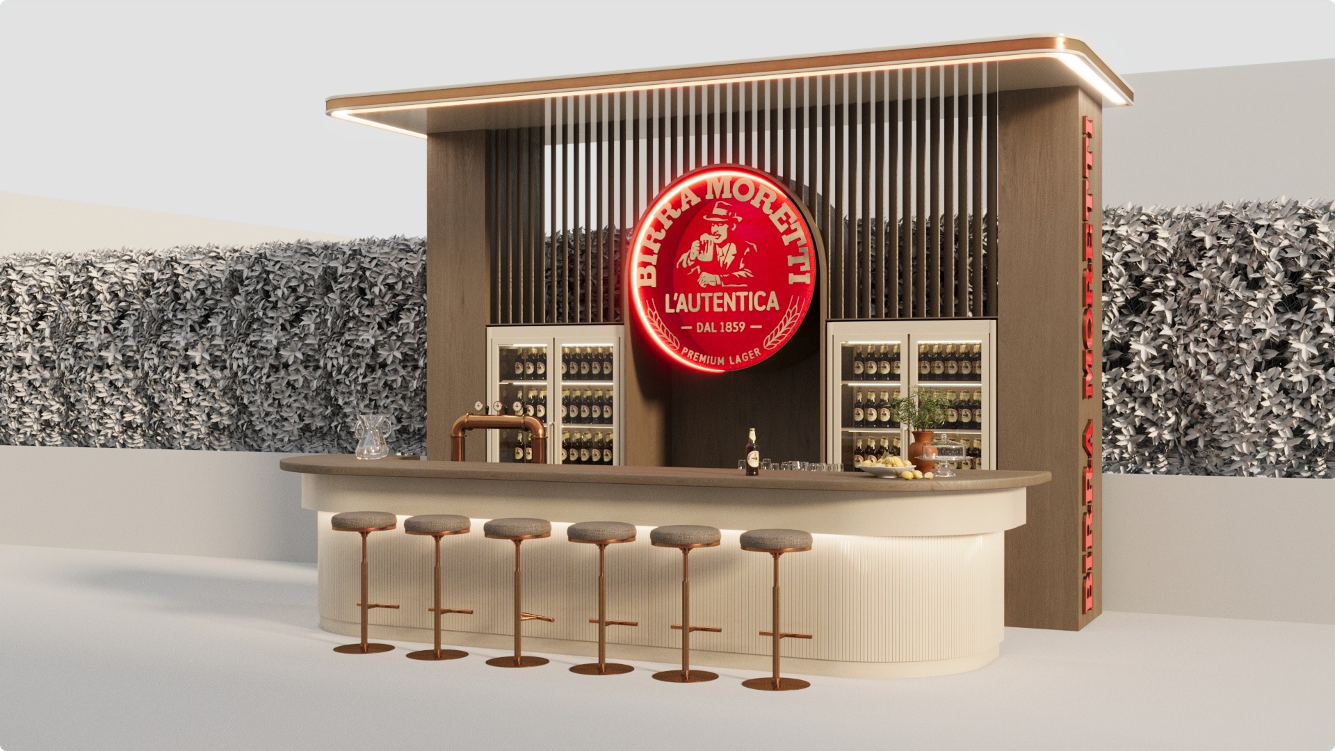 Birra Moretti branded bar counter featuring warm lighting and subtle Italian-inspired décor elements