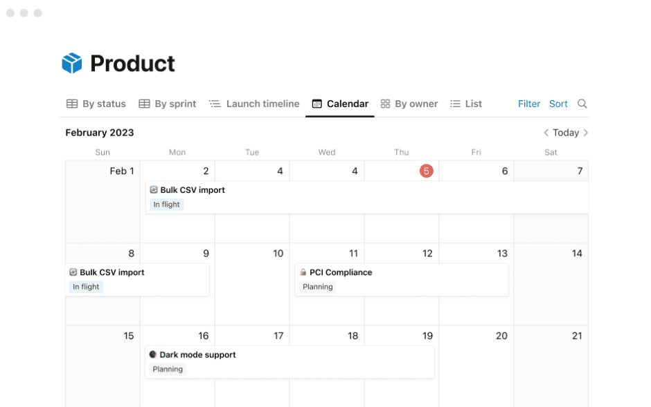 Notion's calendar interface