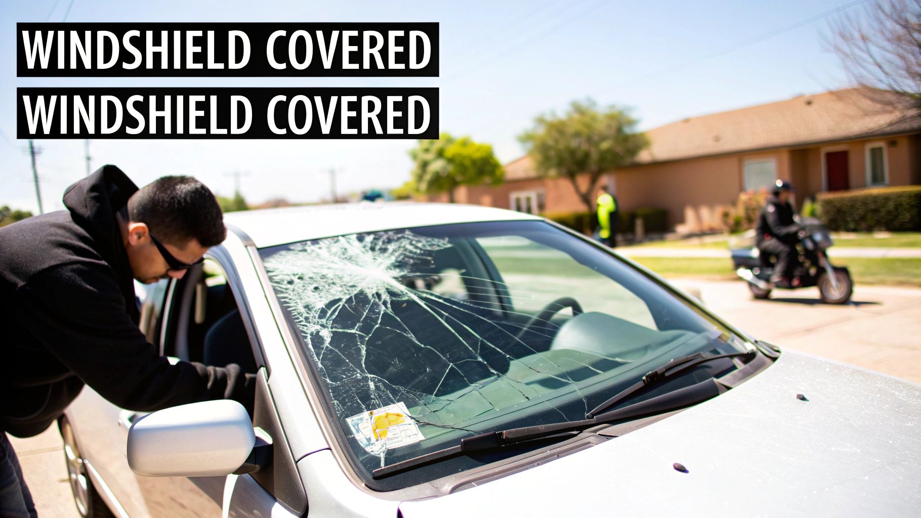 A close-up of a cracked windshield with a blurred road in the background, highlighting the need for replacement.