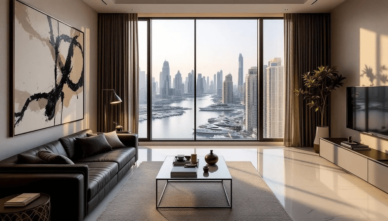 Das Bild zeigt das luxuriöse Interieur eines Apartments mit bodentiefen Fenstern, die einen atemberaubenden Blick auf die Dubai Marina bieten. Die elegante Einrichtung und die moderne Atmosphäre schaffen eine einladende Umgebung für Urlauber, die eine Ferienwohnung in Dubai suchen.