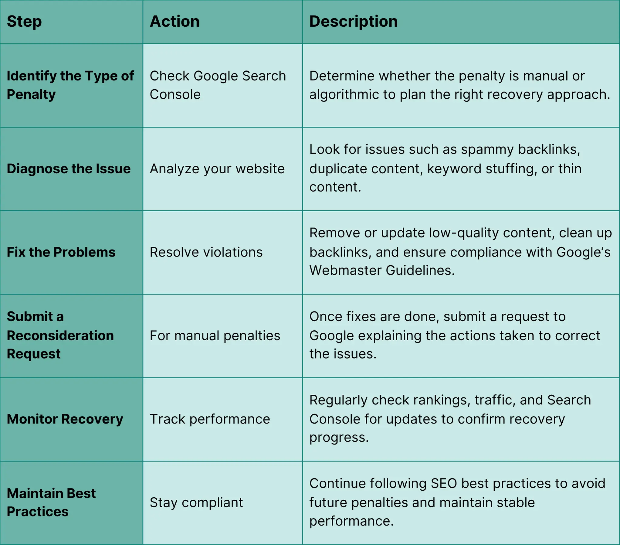 Table including steps, action and description to recover from a Google Penalty