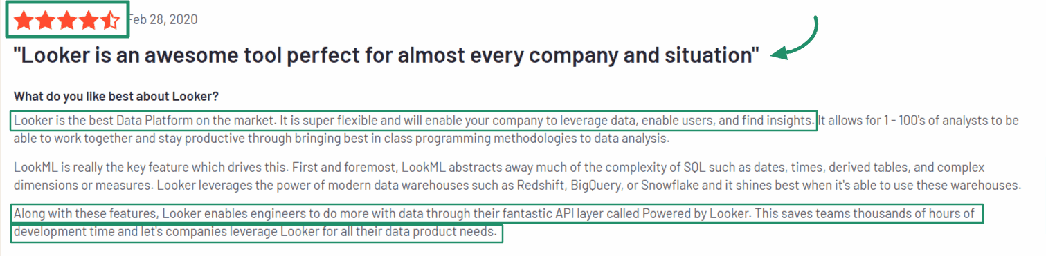 Looker user review highlighting flexibility, LookML modeling, and enterprise analytics capabilities