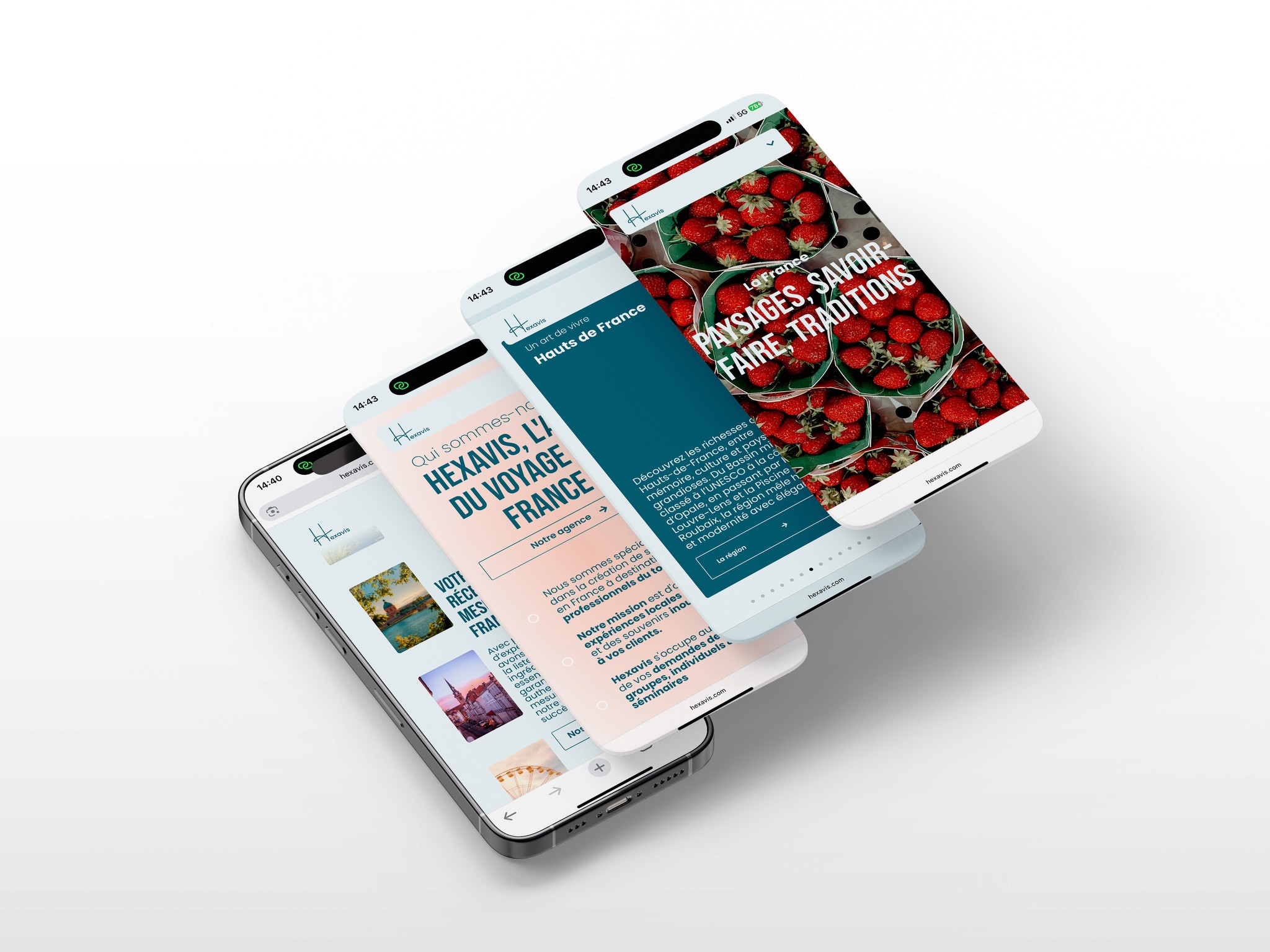 Mockup smartphone multi-écrans du site Hexavis : adaptation responsive de la page d'accueil et fluidité de l'interface mobile pour agence réceptive.