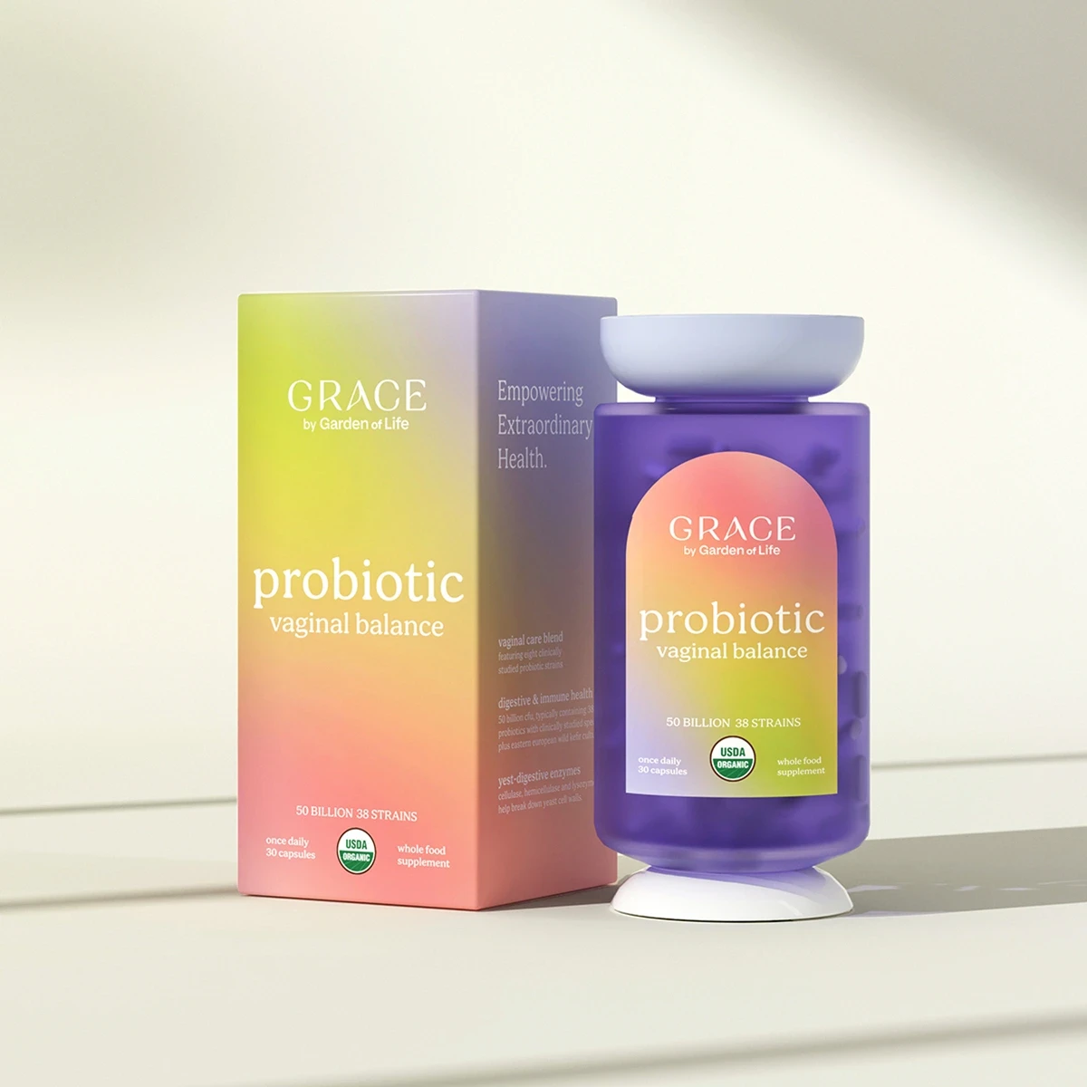 Grace probiotic packaging, minimal gradient box and bottle.