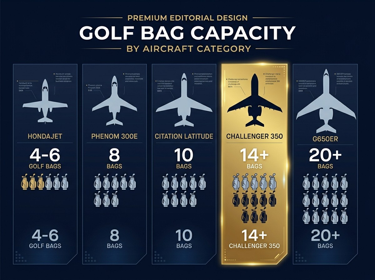 Golf bag capacity by aircraft — Phenom 300E, Citation Latitude, Challenger 350 comparison