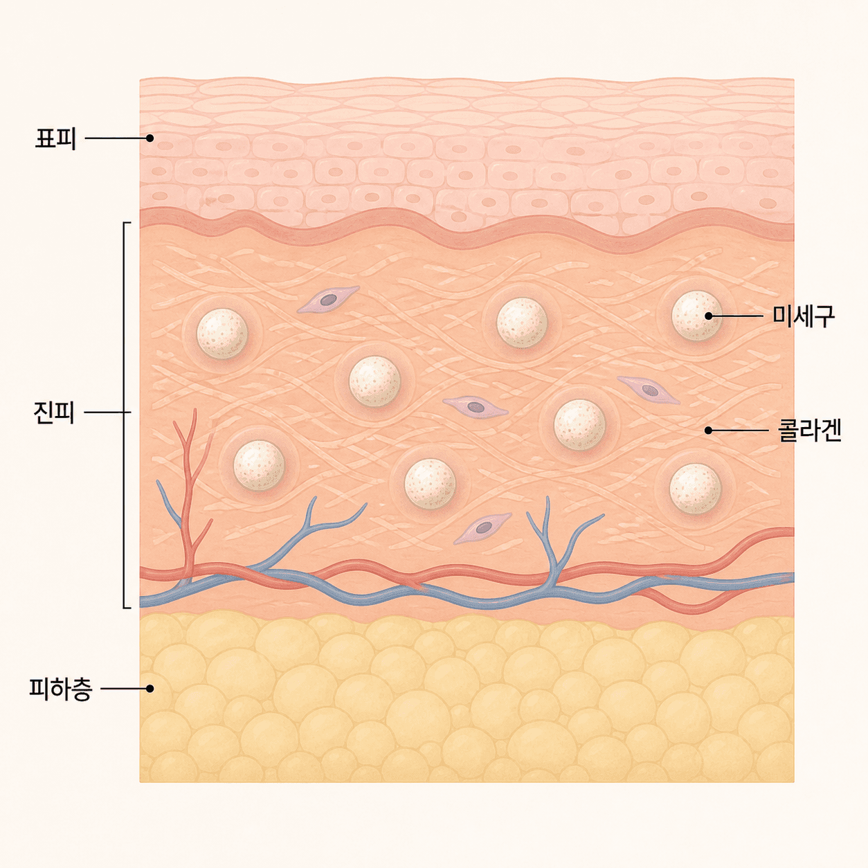 진피에 자리한 CaHA 미세구와 그 둘레에서 새로 만들어지는 콜라겐