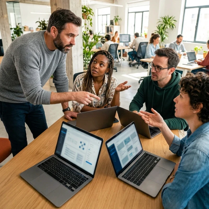 Équipe de créatifs en agence analysant des storyboards, des modélisations 3D et des palettes colorimétriques sur plusieurs écrans et supports papier, illustrant notre expertise en Production audiovisuelle pour produire des contenus conçus pour capter l’attention.