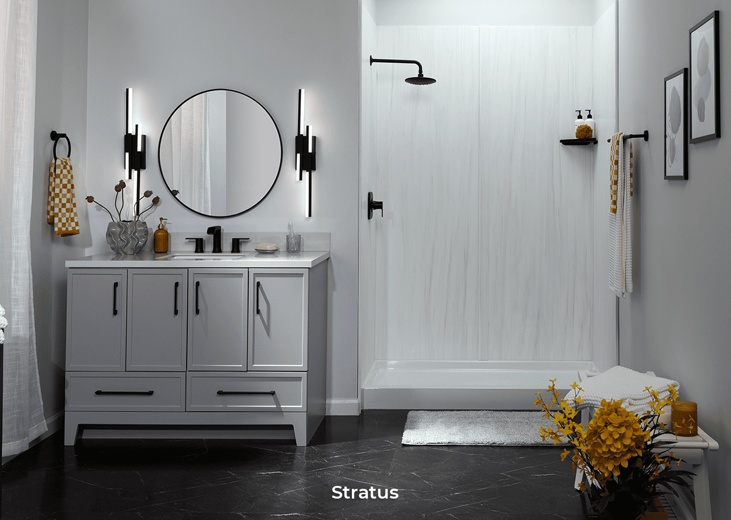 Modern gray vanity and walk-in shower remodel