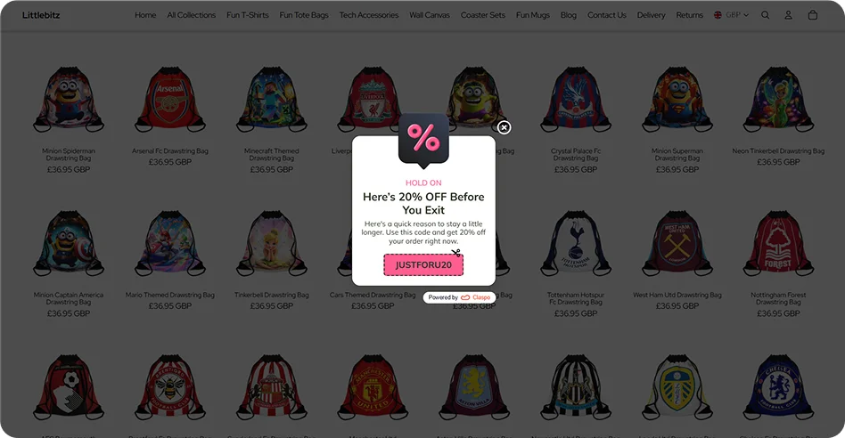 The Littlebitz exit-intent popup created with Claspo, offering a 20% discount code to prevent abandonment on product collection pages